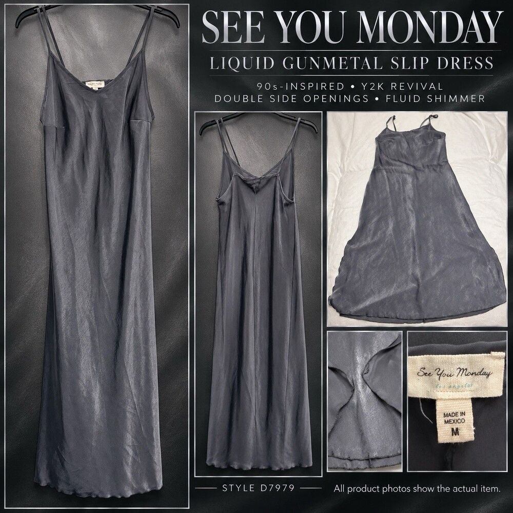 See You Monday Gunmetal Satin Slip Dress M 90s Y2K Double Slit Maxi Goth Sexy
